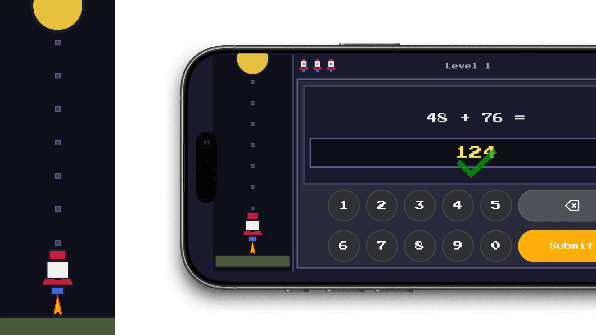 A mobile screenshot showing a correct response propelling a spaceship forward.