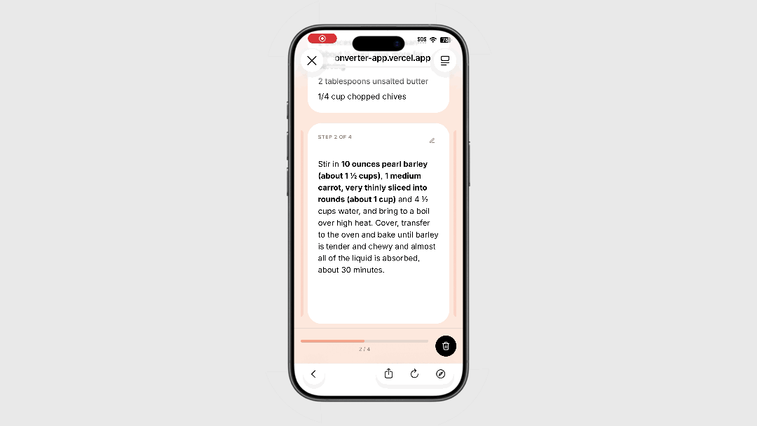 An animation showing long press activation of recipe voice assistant.